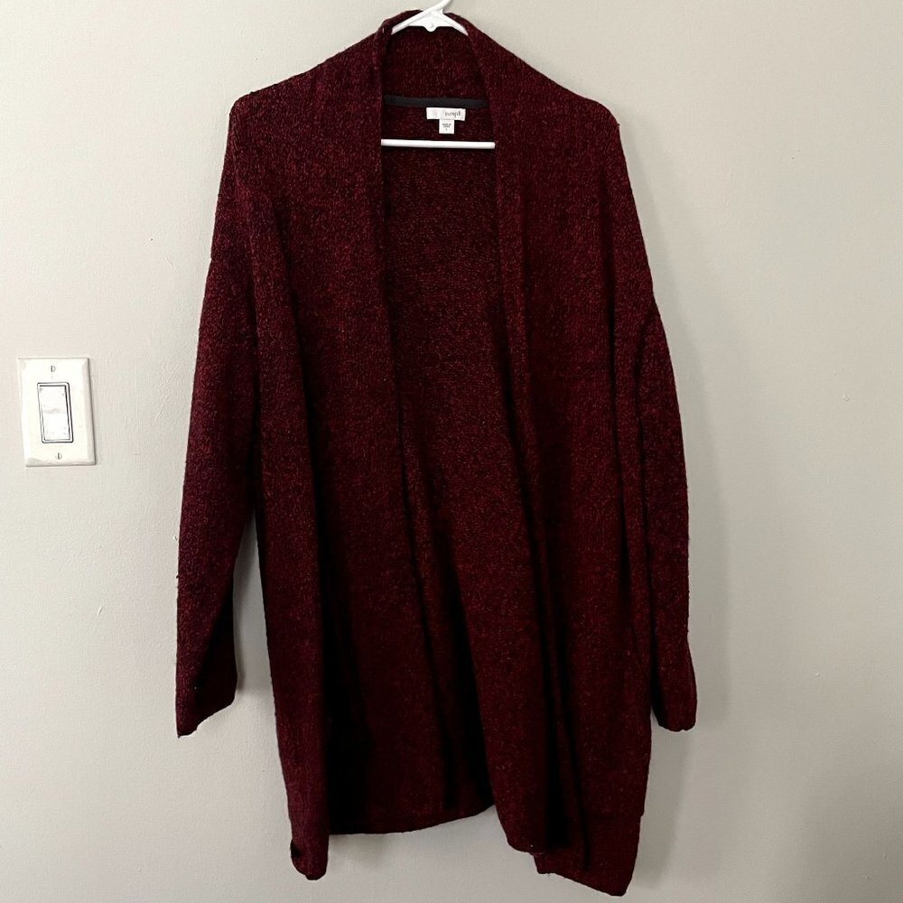 purejill red black speckled thick woolen cardigan comfortable pockets size large